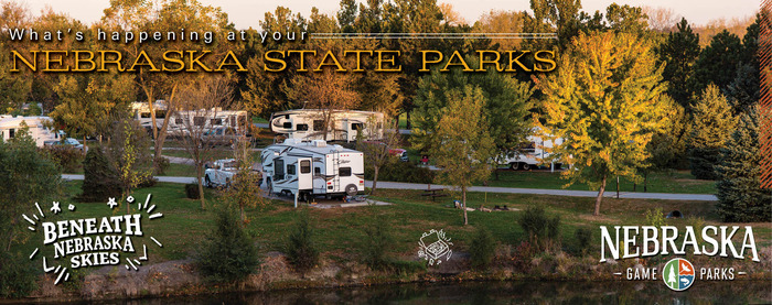 Overhead view of campers at a state park in fall, with text: "What's happening at your Nebraska state parks"