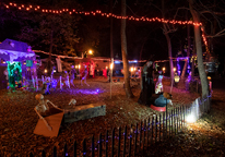 A campsite decorated for Halloween