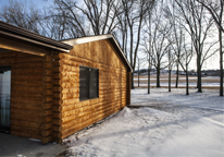 A cabin at Lewis and Clark State Recreation Area in winter