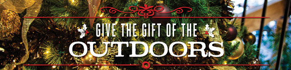 Header with holiday background and text "Give the gift of the outdoors"