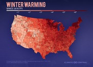 Map showing Winter Warming (change in winter) since 1970 (to 2024) in degrees Fahrenheit. Graphic by Climate Central 