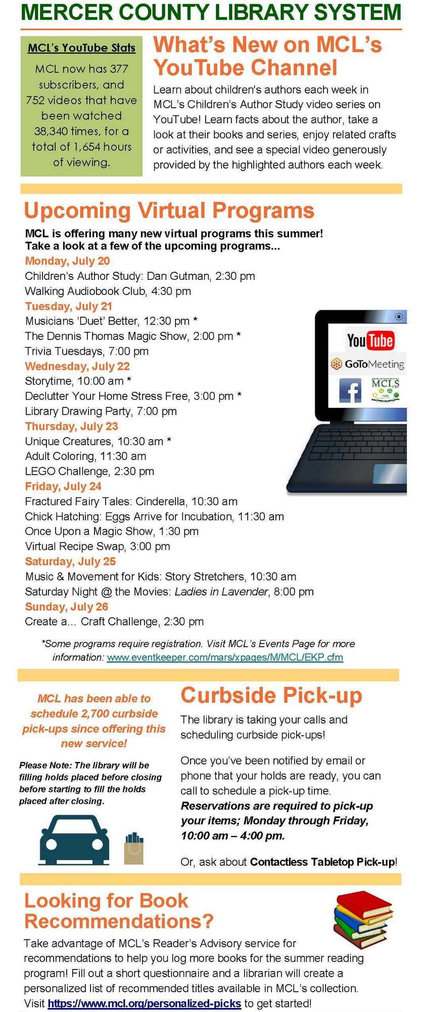 New virtual programs, curbside pick-up at County Library