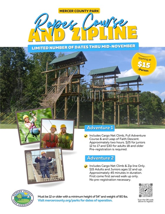 New! Mercer County's Zipline and Ropes Course is now open!