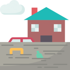 Clip art graphic of a house inundated by brown floodwaters, a car is submerged and garbage is floating. 