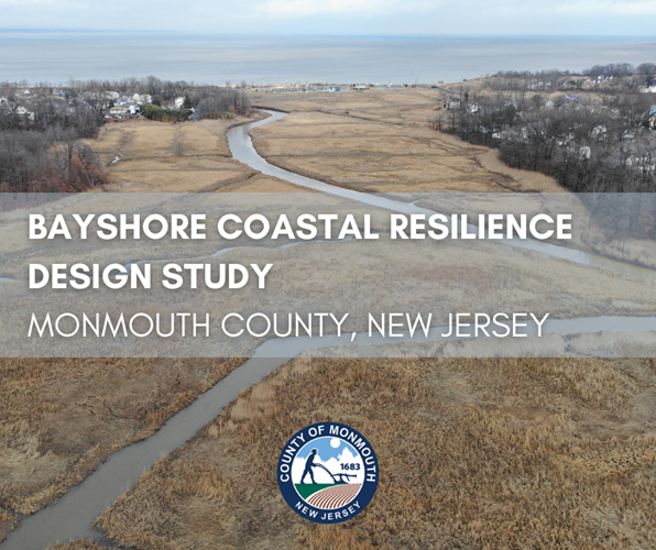 Image of coastal wetlands surrounded by residential areas. The title reads "Bayshore Coastal Resilience Design Study. Monmouth County, New Jersey" 