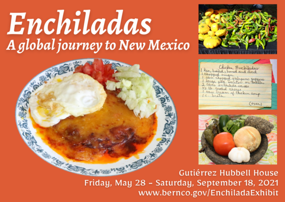 Postcard with text: Enchiladas: A Global Journey to NM with images of enchiladas, crops, and a recipe.