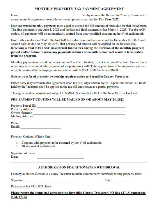 Monthly Tax Payment Agreement