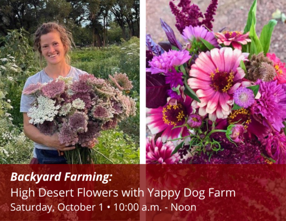 Farmer Becca holding flowers and image of bouquet with workshop title