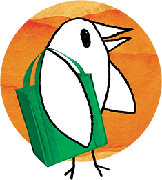 Drawing of a bird carrying a reusable shopping bag