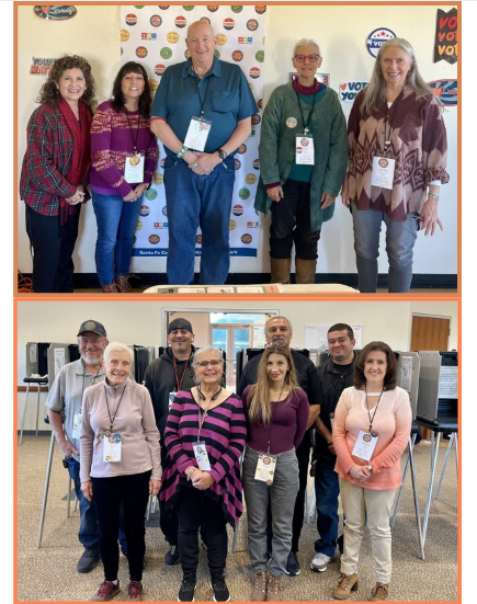 2 group photos of poll workers at their election sites