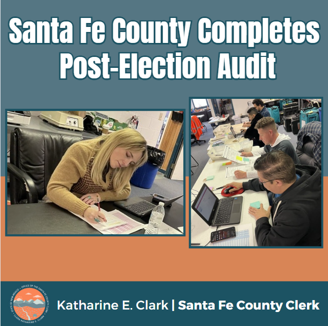 two pictures of staff working in the warehouse on post-election processes. Heading: "Santa Fe County Completes Post-Election Audit"