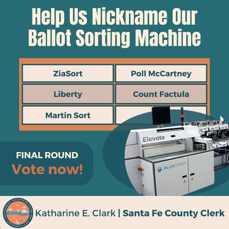 Graphic of the final 5 names and a picture of the ballot sorter machine