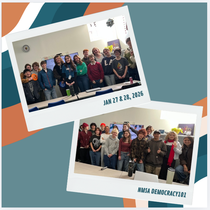 two group photos from Democracy101 NMSA event- Clerk's Office staff member and group of students