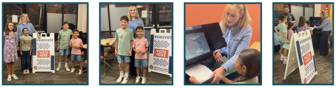 four photos from KidsVote event- clerks staff helping children mark and cast their ballots