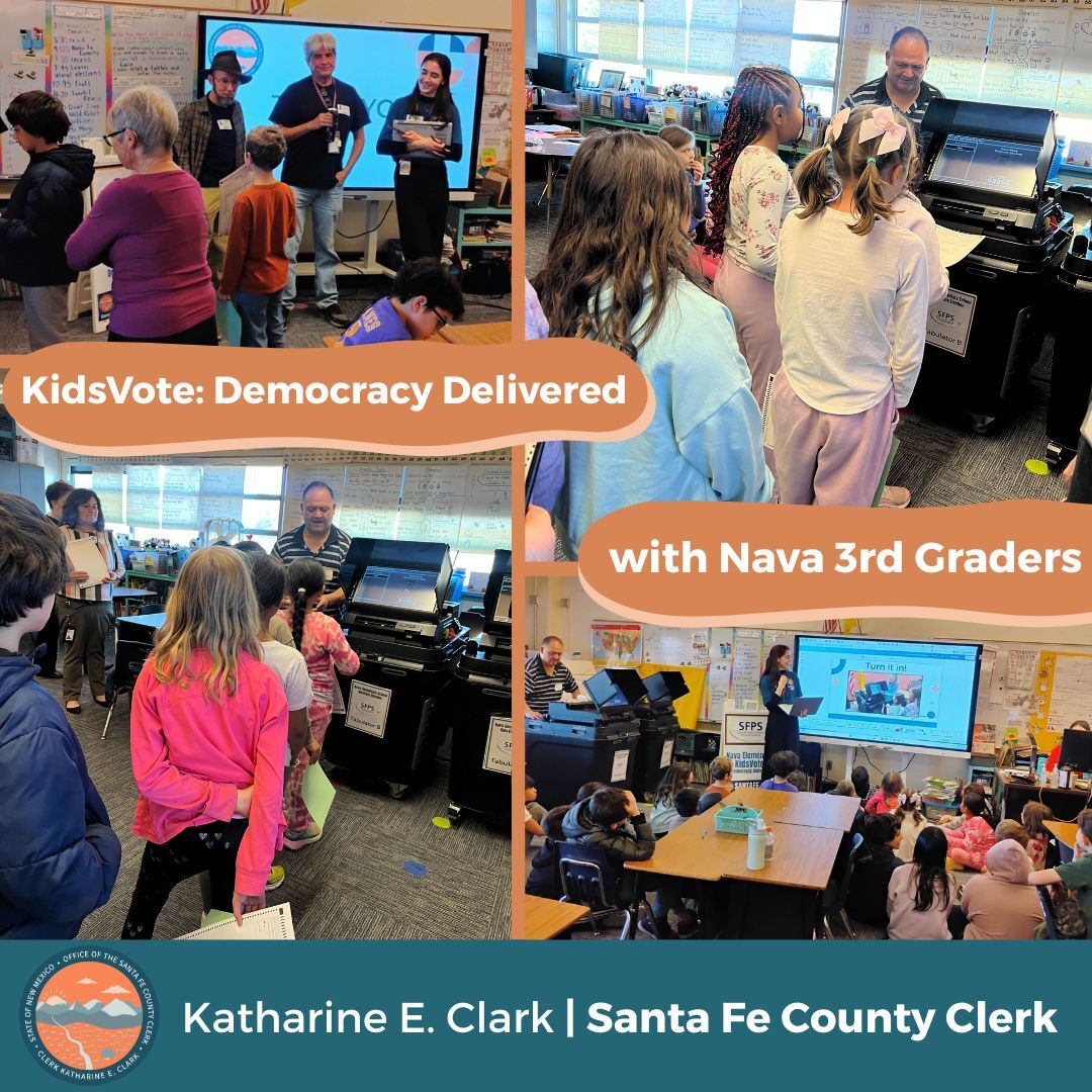 collage of 4 pictures from a kidsvote visit: students casting their ballots and listening to a presentation 