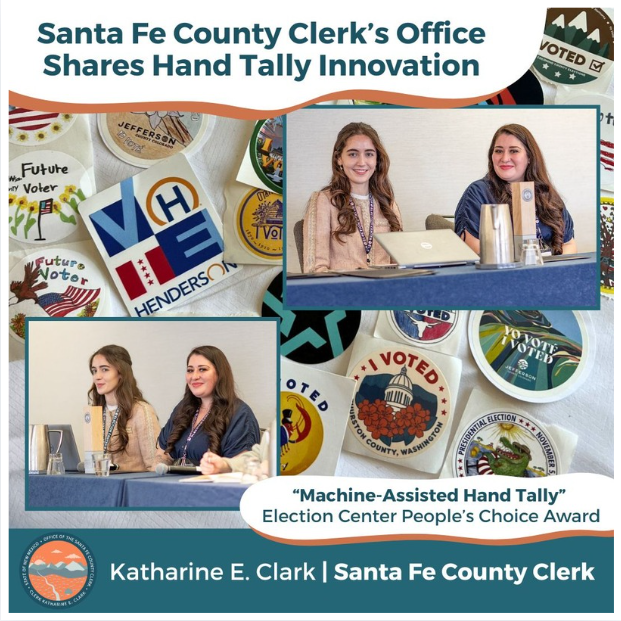Collage of 2 photos of Clerk's Office staff members at a panel discussion with a background of assorted "I Voted" stickers