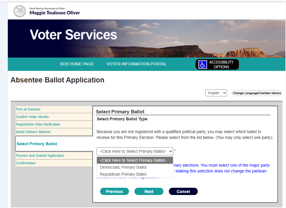 Screenshot of the absentee ballot request portal at step 5 where you can make your party ballot choice