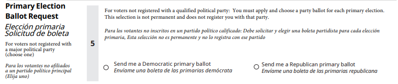 Screenshot of paper absentee ballot request form, showing at step 5 you can make your party ballot choice