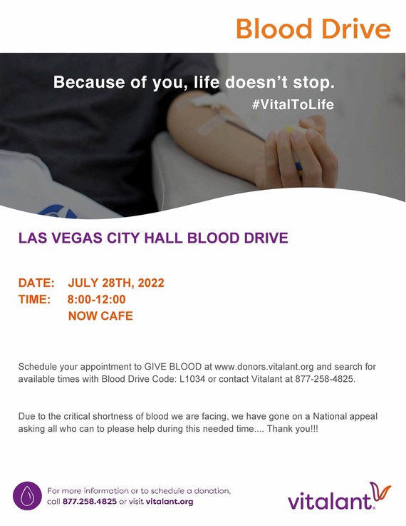 City Hall Blood Drive July 28, 8 a.m. to noon, in NOW Cafe