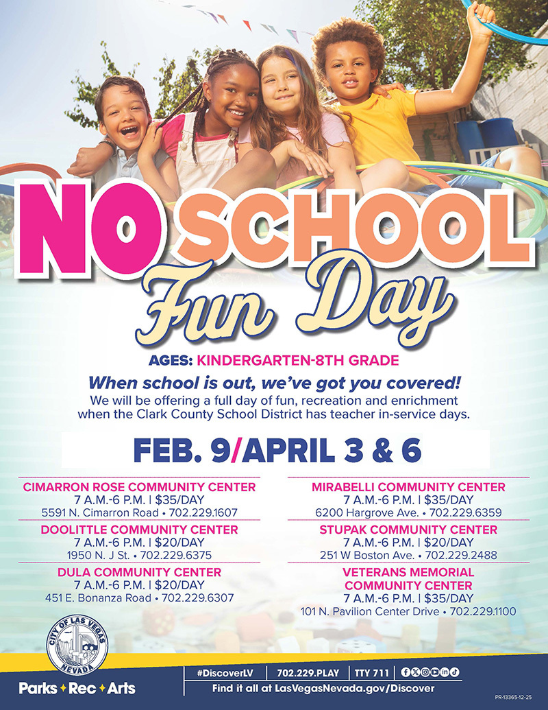 Feb-April 2026 No-School Fun Days flier