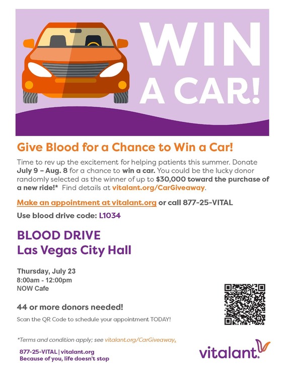 City Hall blood drive flier July 23, 2026