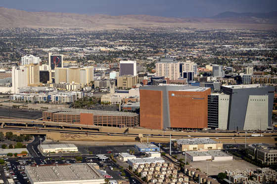 drone shot of downtown Las Vegas