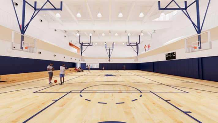 Example designs of a new, but different NYC Parks recreation center gymnasium and indoor pool 
