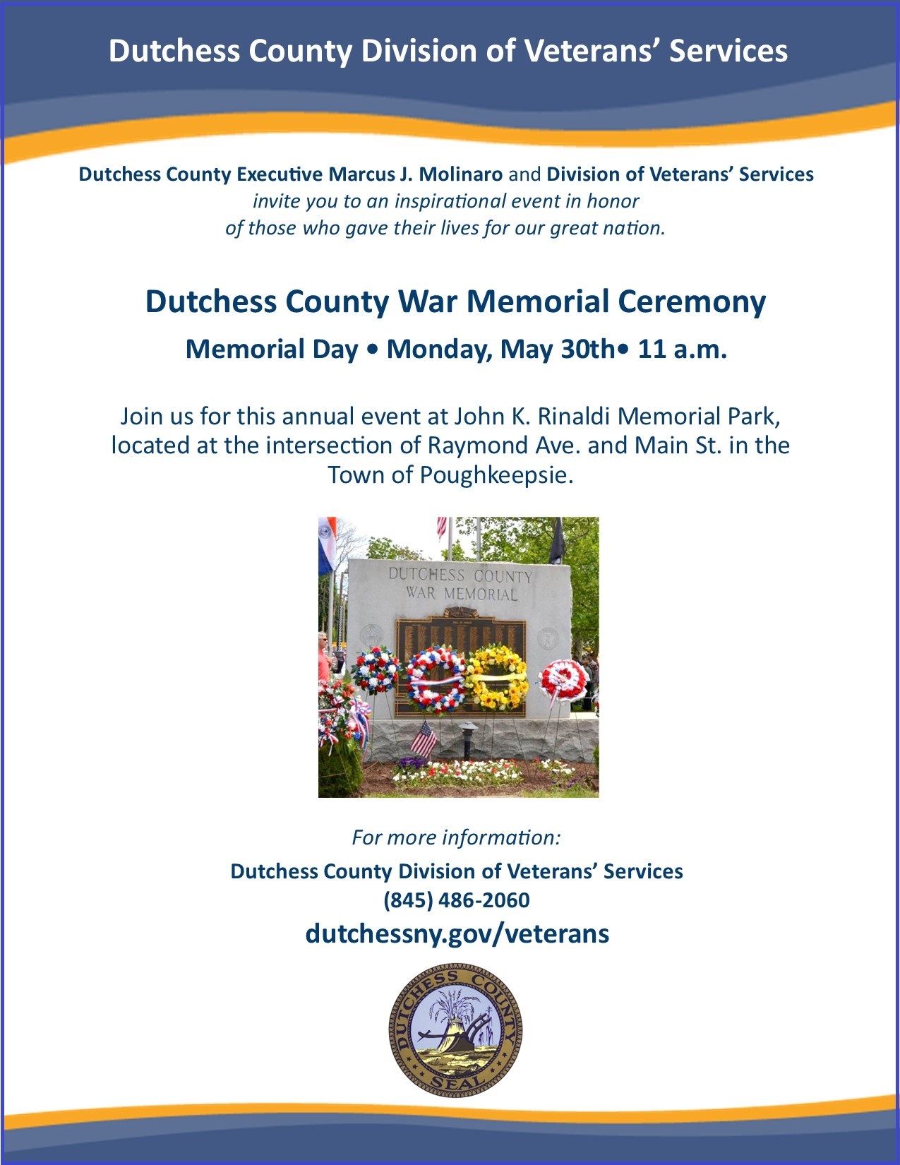 Dutchess County to Host Memorial Day Ceremony on Monday, May 30th