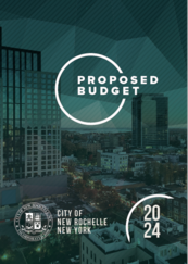 2024 Proposed Budget cover- City skyline with City seal and green overlay