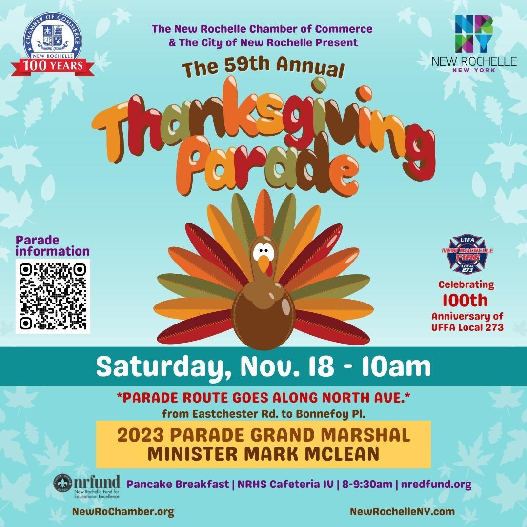 2023 Thanksgiving Parade Flyer with turkey, grand marshall Mark McLean, and information on parade route and pancake breakfast