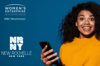 Social Media Workshop snip- Woman with phone and sponsor logos