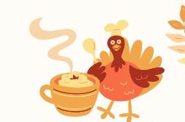 Turkey with chef hat and mug of food