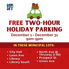 Holiday Parking graphic with car and gifts and list of parking lots 