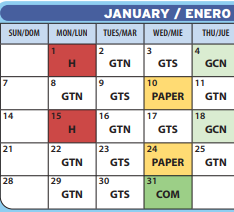 Snip of January DPW calendar pickup days