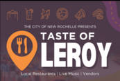 Taste of Leroy graphic- purple with orange icons of food and beverages