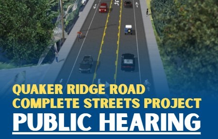Quaker Ridge Road public hearing graphic with roadway and meeting information