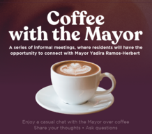 Coffee with the Mayor graphic with coffee cup and text