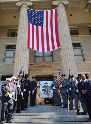 9-11 Ceremony NRPD and NRFD honor guards with Fire Chief and Police Commissioner