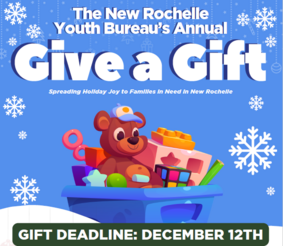 Give a Gift flyer with teddy bear and gifts in a blue box