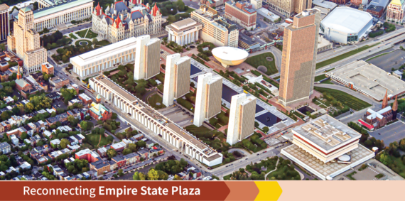 Photo of the Empire State Plaza from overhead with a header reading "Reconnect the Empire State Plaza"