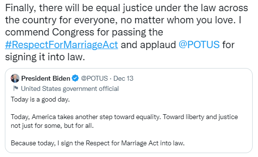 Respect for Marriage Act Tweet