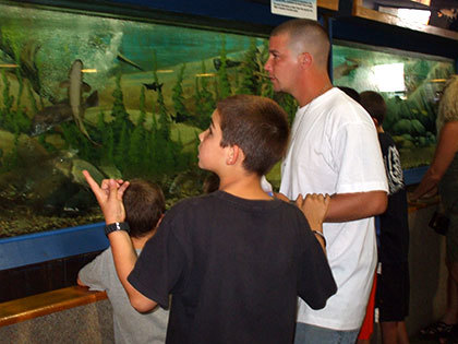 People looking at the fish in the DEC Aquarium