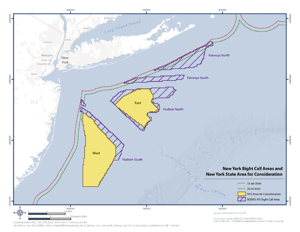NY Bight BOEM Call Areas/NYSERDA Area for Consideration
