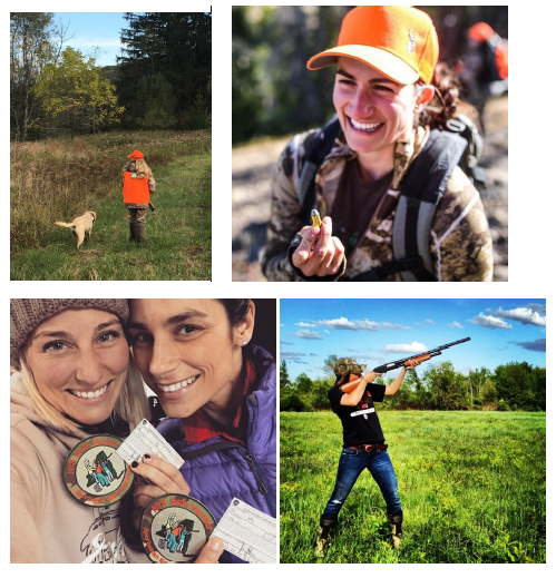 four images of women hunting, with their firearms and hunting licenses
