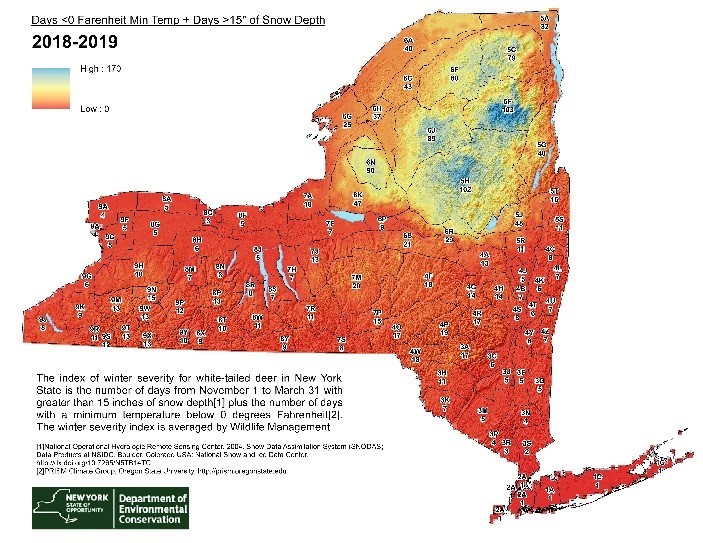 A map showing the winter severity index for whitetail deer across New York State. 