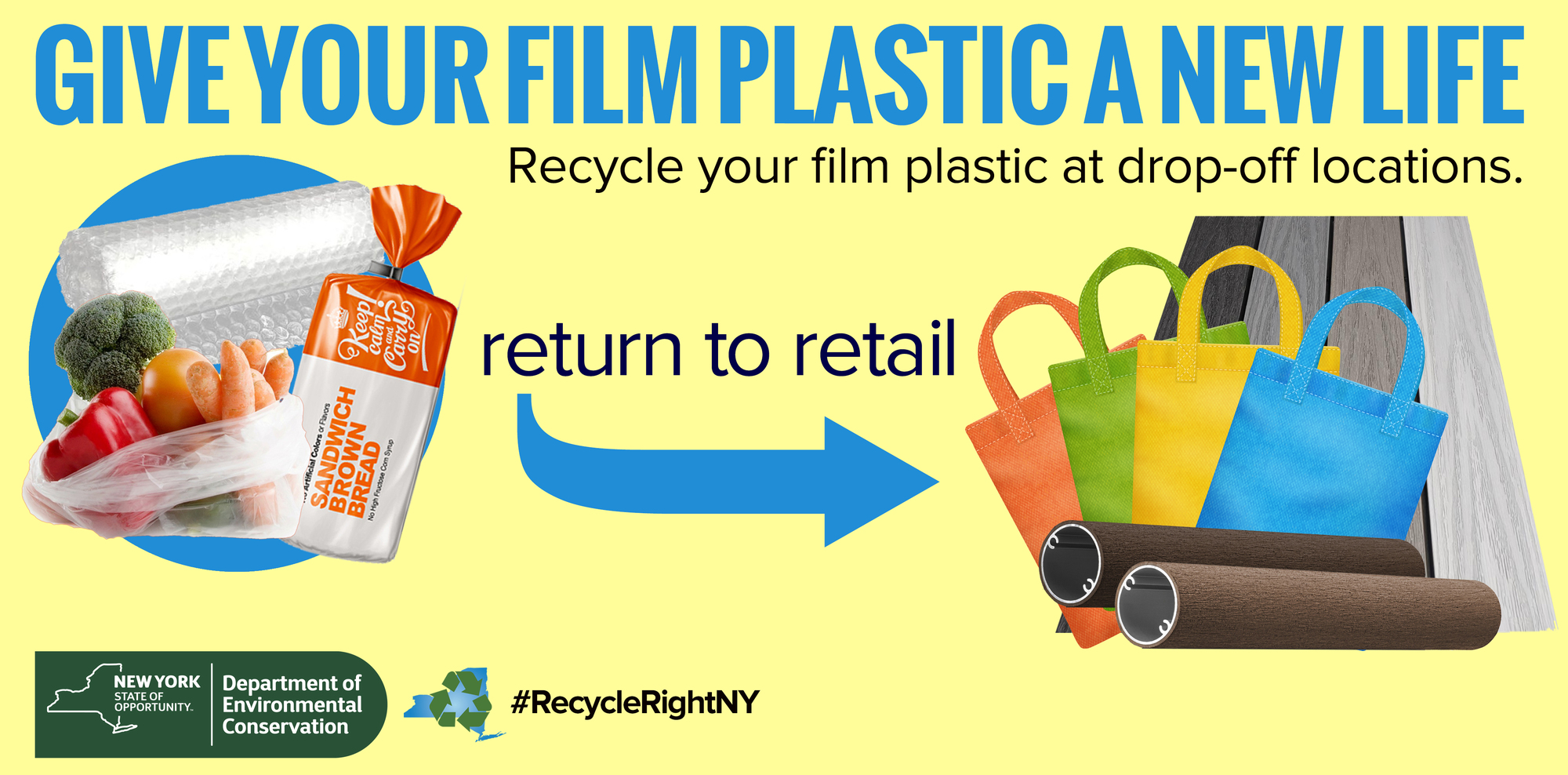 image showing that recycled film plastic can be turned into pipe, decking, and reusable bags