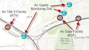 Screenshot of the DECinfo Locator mapping tool showing the location of an Air Title V Facility, Air Quality Monitoring Sites and Air State Facilities.