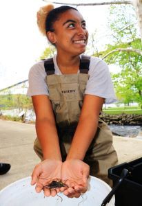 A young woman in brown waders holds a handful of eels (worm-creatures) over a bucket.