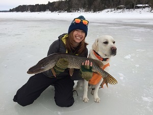 Mandy and dog Boone Ice Fishing