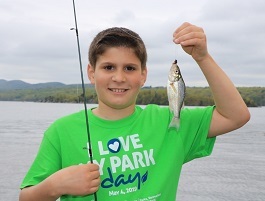 A young boy with a green shirt holds a proudly shows off a small fish he caught.